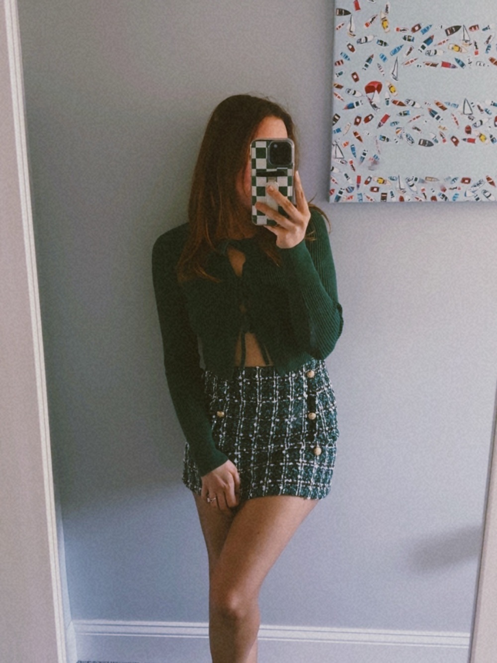 Dark Green Tweed Mini Skirt with Gold Button Detail